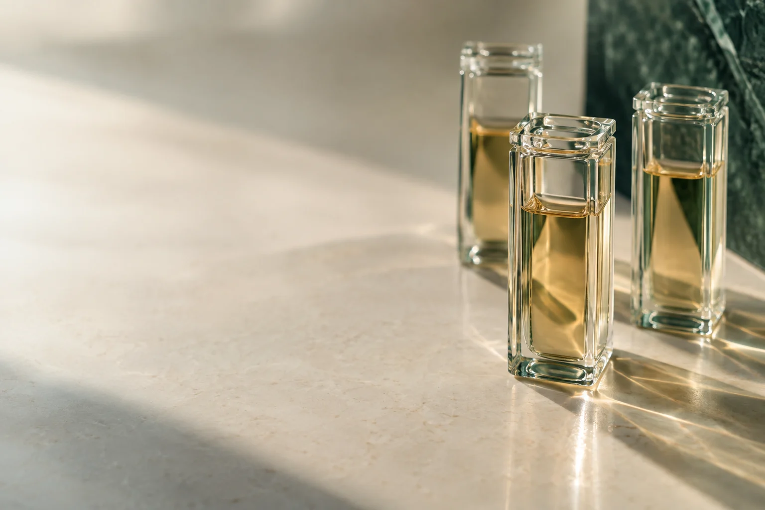 Conceptual materials research image of glass sample vessels in warm light